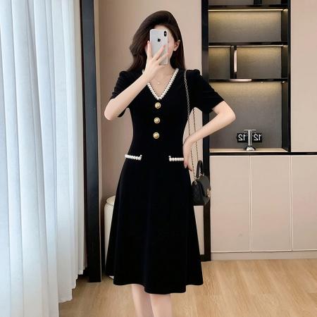 BY15420# 夏季新款小香风黑色V领高端气质收腰遮肚显瘦A字中长款连衣裙 服裝批發女裝批發服飾貨源