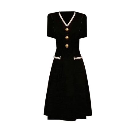 BY15420# 夏季新款小香风黑色V领高端气质收腰遮肚显瘦A字中长款连衣裙 服裝批發女裝批發服飾貨源