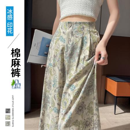 BY15422# 复古扎染棉麻阔腿裤女夏季新款冰丝印花休闲裤高腰宽松垂感直筒裤 服裝批發女裝批發服飾貨源