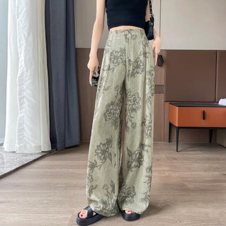 BY15422# 复古扎染棉麻阔腿裤女夏季新款冰丝印花休闲裤高腰宽松垂感直筒裤 服裝批發女裝批發服飾貨源