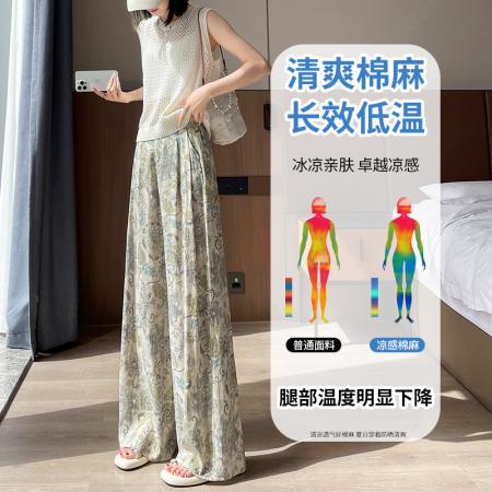 BY15422# 复古扎染棉麻阔腿裤女夏季新款冰丝印花休闲裤高腰宽松垂感直筒裤 服裝批發女裝批發服飾貨源