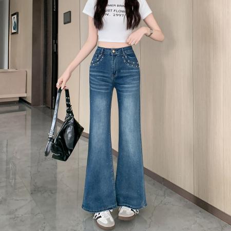 BY15431# 满天星烫钻微喇牛仔裤女春夏新款高腰显瘦宽松喇叭裤子 服裝批發女裝批發服飾貨源