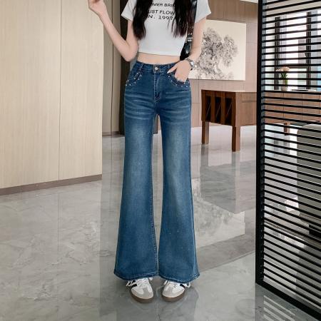 BY15431# 满天星烫钻微喇牛仔裤女春夏新款高腰显瘦宽松喇叭裤子 服裝批發女裝批發服飾貨源