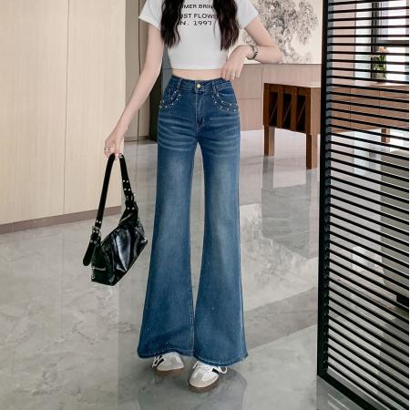 BY15431# 满天星烫钻微喇牛仔裤女春夏新款高腰显瘦宽松喇叭裤子 服裝批發女裝批發服飾貨源