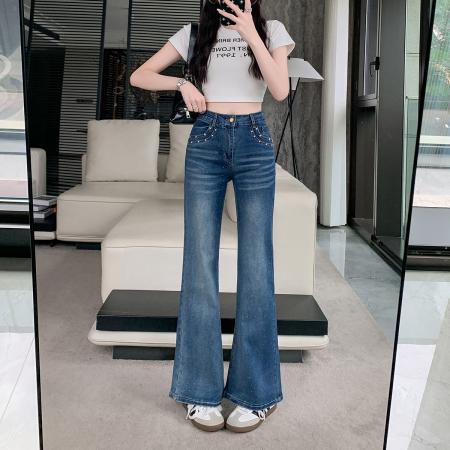 BY15431# 满天星烫钻微喇牛仔裤女春夏新款高腰显瘦宽松喇叭裤子 服裝批發女裝批發服飾貨源