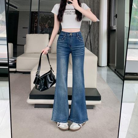 BY15431# 满天星烫钻微喇牛仔裤女春夏新款高腰显瘦宽松喇叭裤子 服裝批發女裝批發服飾貨源
