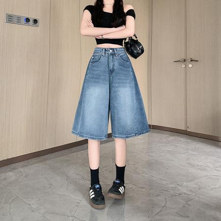 BY15432# 复古蓝牛仔五分裤女夏季设计感直筒宽松阔腿弯刀5分短裤 服裝批發女裝批發服飾貨源