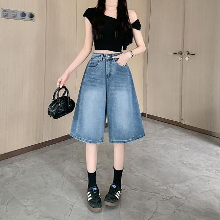 BY15432# 复古蓝牛仔五分裤女夏季设计感直筒宽松阔腿弯刀5分短裤 服裝批發女裝批發服飾貨源