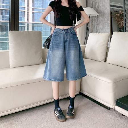 BY15432# 复古蓝牛仔五分裤女夏季设计感直筒宽松阔腿弯刀5分短裤 服裝批發女裝批發服飾貨源