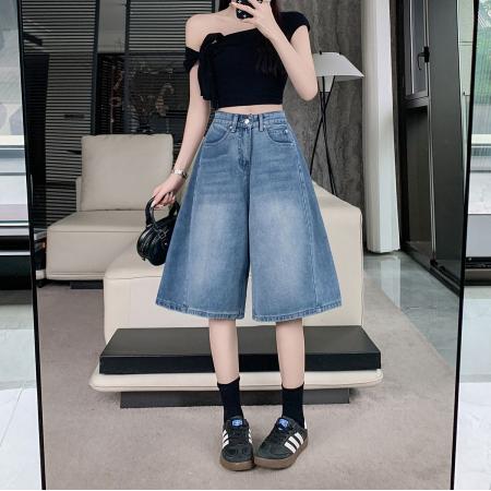 BY15432# 复古蓝牛仔五分裤女夏季设计感直筒宽松阔腿弯刀5分短裤 服裝批發女裝批發服飾貨源