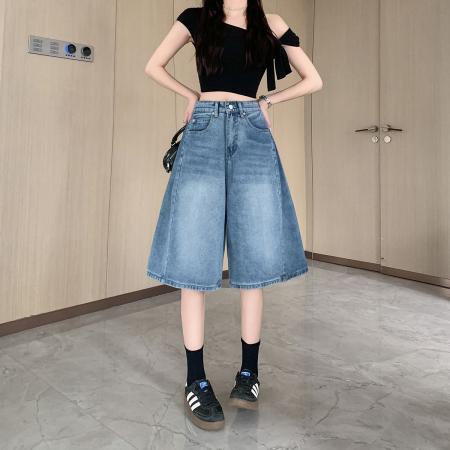 BY15432# 复古蓝牛仔五分裤女夏季设计感直筒宽松阔腿弯刀5分短裤 服裝批發女裝批發服飾貨源