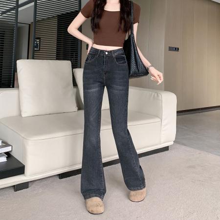 BY15434# 黑灰色低腰微喇牛仔裤女夏季新款宽松显瘦不贴腿马蹄裤 服裝批發女裝批發服飾貨源