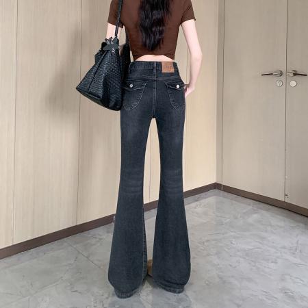 BY15434# 黑灰色低腰微喇牛仔裤女夏季新款宽松显瘦不贴腿马蹄裤 服裝批發女裝批發服飾貨源