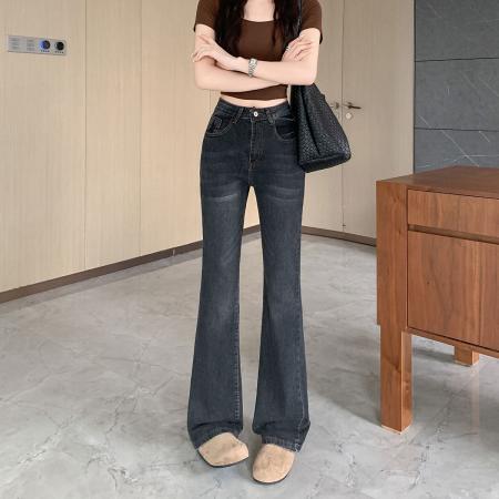 BY15434# 黑灰色低腰微喇牛仔裤女夏季新款宽松显瘦不贴腿马蹄裤 服裝批發女裝批發服飾貨源