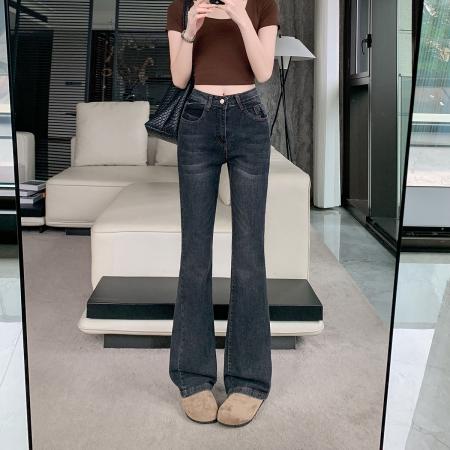 BY15434# 黑灰色低腰微喇牛仔裤女夏季新款宽松显瘦不贴腿马蹄裤 服裝批發女裝批發服飾貨源