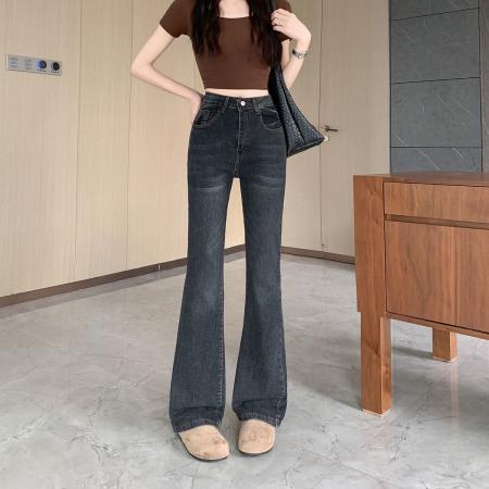 BY15434# 黑灰色低腰微喇牛仔裤女夏季新款宽松显瘦不贴腿马蹄裤 服裝批發女裝批發服飾貨源