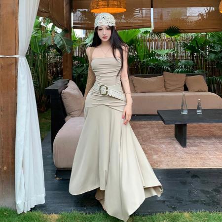 BY15437# 性感露背无袖抹胸连衣裙女夏收腰裙子度假风大摆A字长裙 服裝批發女裝批發服飾貨源