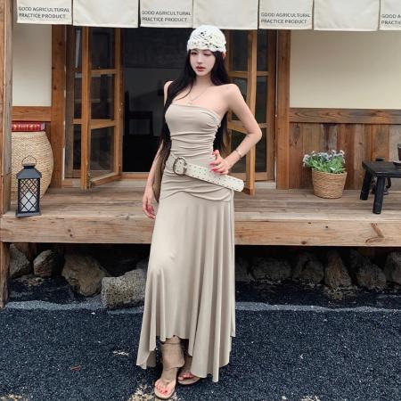 BY15437# 性感露背无袖抹胸连衣裙女夏收腰裙子度假风大摆A字长裙 服裝批發女裝批發服飾貨源