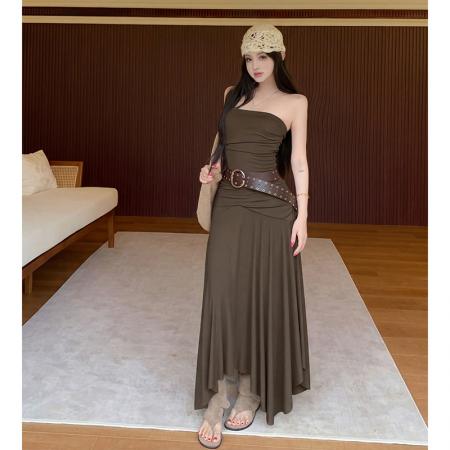 BY15437# 性感露背无袖抹胸连衣裙女夏收腰裙子度假风大摆A字长裙 服裝批發女裝批發服飾貨源