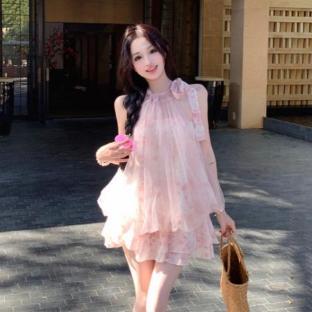 BY15438# 法式网纱挂脖无袖上衣半身裙裤两件套装碎花气质可爱甜美 服裝批發女裝批發服飾貨源