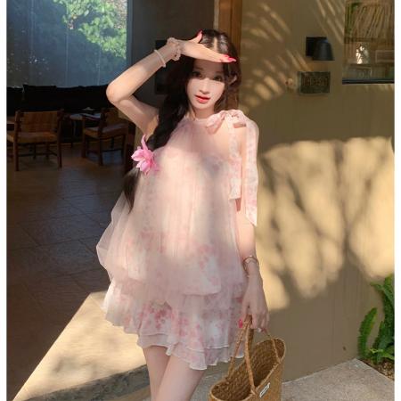 BY15438# 法式网纱挂脖无袖上衣半身裙裤两件套装碎花气质可爱甜美 服裝批發女裝批發服飾貨源