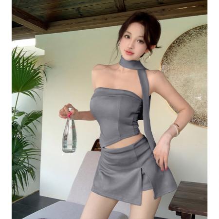 BY15439# 领带抹胸上衣修色高腰裙裤两件套装露腰性感辣妹短裤夏款 服裝批發女裝批發服飾貨源