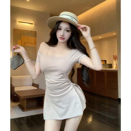 BY15440# 纯欲辣妹露肩吊带上衣设计感中长款T恤连衣裙打底裤套装 服裝批發女裝批發服飾貨源