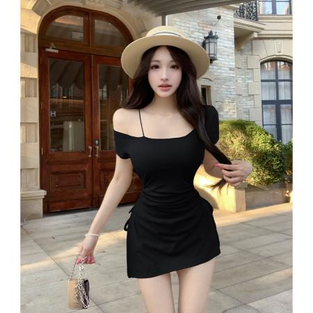 BY15440# 纯欲辣妹露肩吊带上衣设计感中长款T恤连衣裙打底裤套装 服裝批發女裝批發服飾貨源