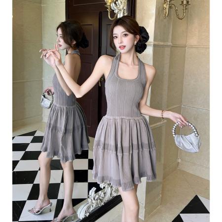 BY15442# 高级感挂脖交叉针织连衣裙女夏设计感修身显瘦礼服短裙子 服裝批發女裝批發服飾貨源