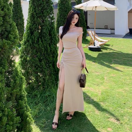 BY15444# 茶系穿搭套装辣妹斜肩短款修身T恤上衣包臀半身裙两件套 服裝批發女裝批發服飾貨源