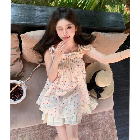 BY15446# 韩版小众复古少女波点吊带连衣裙娃娃衫宽松抹胸短裙夏季 服裝批發女裝批發服飾貨源