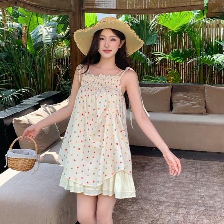 BY15446# 韩版小众复古少女波点吊带连衣裙娃娃衫宽松抹胸短裙夏季 服裝批發女裝批發服飾貨源