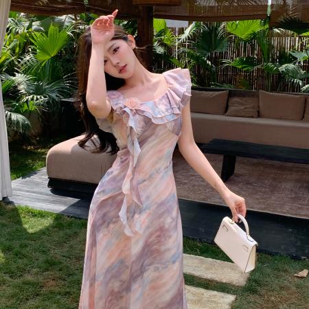 BY15447# 浪漫法式荷叶领飞飞袖连衣裙优雅气质修身显瘦A字中长裙 服裝批發女裝批發服飾貨源