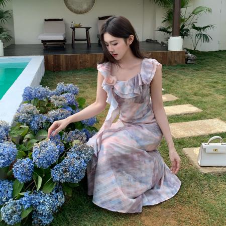 BY15447# 浪漫法式荷叶领飞飞袖连衣裙优雅气质修身显瘦A字中长裙 服裝批發女裝批發服飾貨源