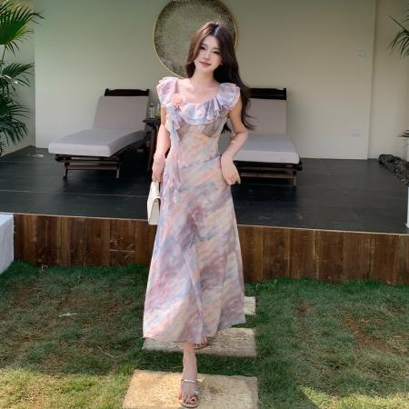 BY15447# 浪漫法式荷叶领飞飞袖连衣裙优雅气质修身显瘦A字中长裙 服裝批發女裝批發服飾貨源