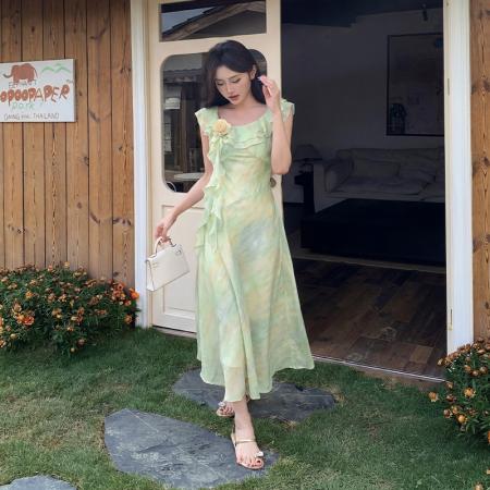 BY15447# 浪漫法式荷叶领飞飞袖连衣裙优雅气质修身显瘦A字中长裙 服裝批發女裝批發服飾貨源