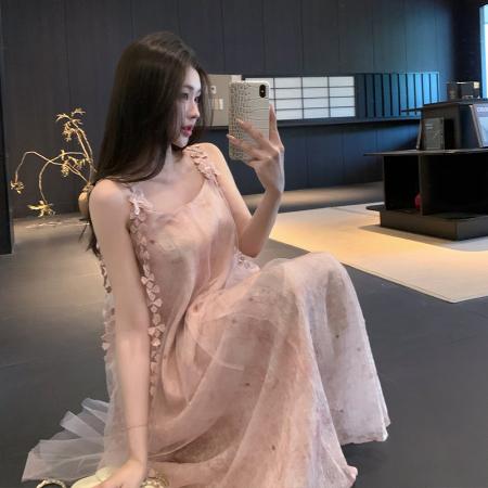 BY15448# 法式超仙吊带连衣裙夏高级感显瘦三亚海边度假风沙滩长裙 服裝批發女裝批發服飾貨源