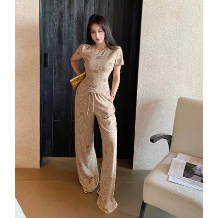 BY15450# 韩系穿搭设计感碎花烫钻短袖T恤上衣阔腿裤长裤两件套装 服裝批發女裝批發服飾貨源