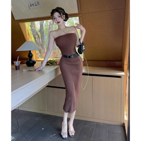 BY15451# 性感抹胸连衣裙设计感修身收腰包臀御姐风针织裙子配腰带 服裝批發女裝批發服飾貨源