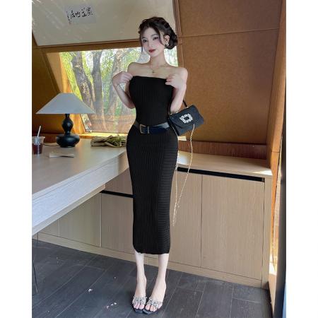 BY15451# 性感抹胸连衣裙设计感修身收腰包臀御姐风针织裙子配腰带 服裝批發女裝批發服飾貨源