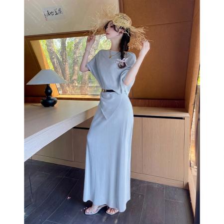 BY15453# 韩版辣妹一字肩蝙蝠袖收腰上衣女高腰显瘦半身裙两件套装 服裝批發女裝批發服飾貨源