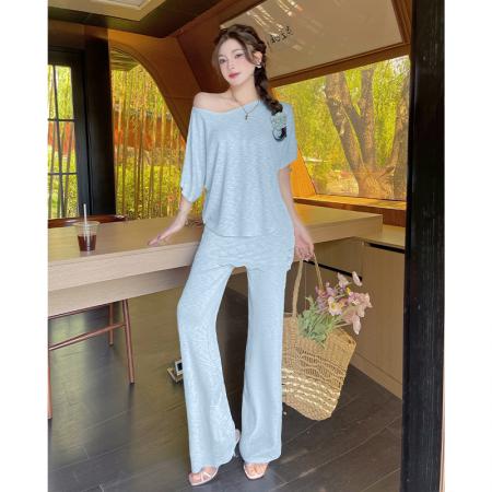 BY15454# 韩系慵懒斜肩上衣显瘦百搭屁帘拼接休闲裤时尚套装夏季 服裝批發女裝批發服飾貨源