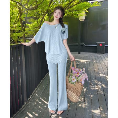 BY15454# 韩系慵懒斜肩上衣显瘦百搭屁帘拼接休闲裤时尚套装夏季 服裝批發女裝批發服飾貨源