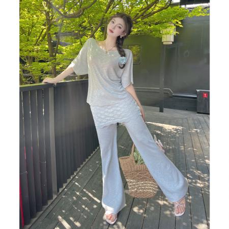 BY15454# 韩系慵懒斜肩上衣显瘦百搭屁帘拼接休闲裤时尚套装夏季 服裝批發女裝批發服飾貨源