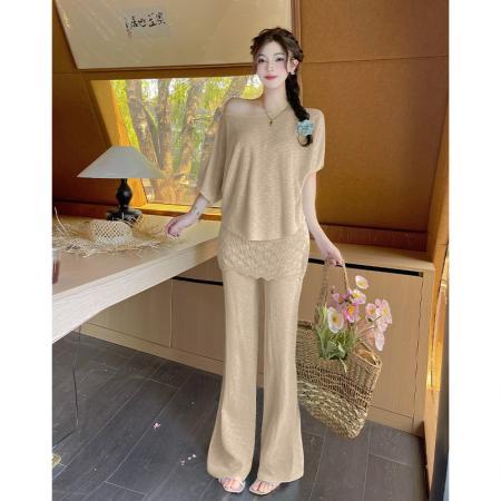 BY15454# 韩系慵懒斜肩上衣显瘦百搭屁帘拼接休闲裤时尚套装夏季 服裝批發女裝批發服飾貨源