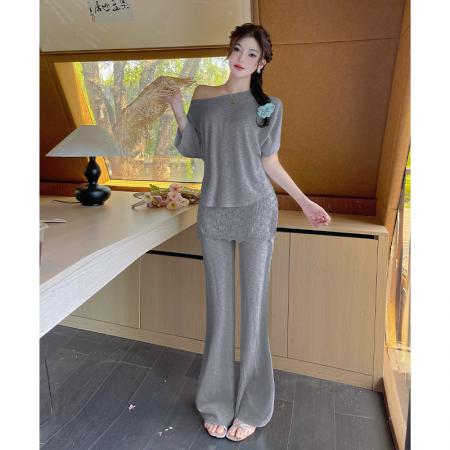 BY15454# 韩系慵懒斜肩上衣显瘦百搭屁帘拼接休闲裤时尚套装夏季 服裝批發女裝批發服飾貨源