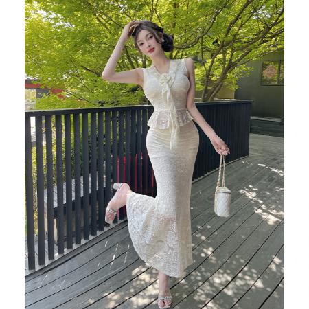 BY15456# 法式V领蕾丝无袖修身上衣高腰半身长裙套装名媛鱼尾裙夏 服裝批發女裝批發服飾貨源