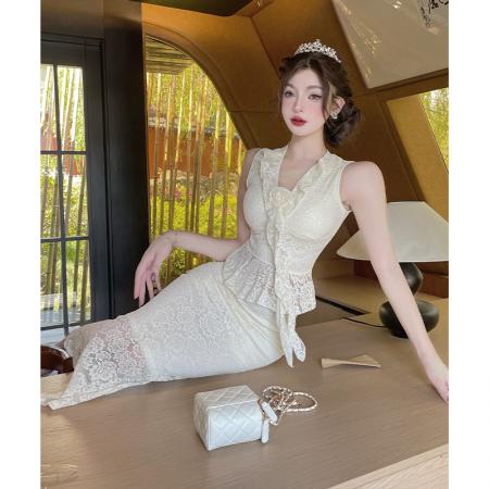 BY15456# 法式V领蕾丝无袖修身上衣高腰半身长裙套装名媛鱼尾裙夏 服裝批發女裝批發服飾貨源