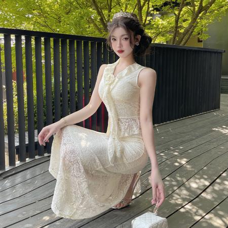 BY15456# 法式V领蕾丝无袖修身上衣高腰半身长裙套装名媛鱼尾裙夏 服裝批發女裝批發服飾貨源