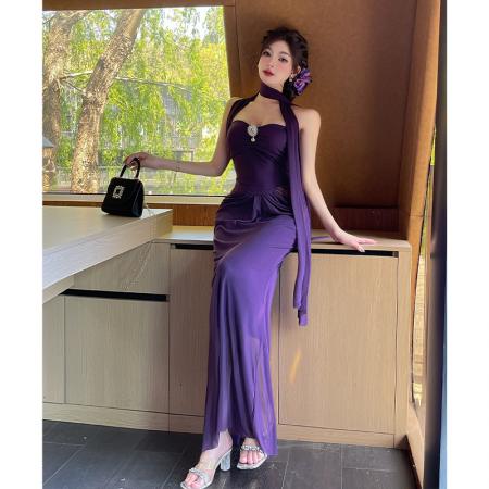 BY15458# 女神挂脖飘带晚礼服长裙高级性感修身褶皱网纱包臀连衣裙 服裝批發女裝批發服飾貨源